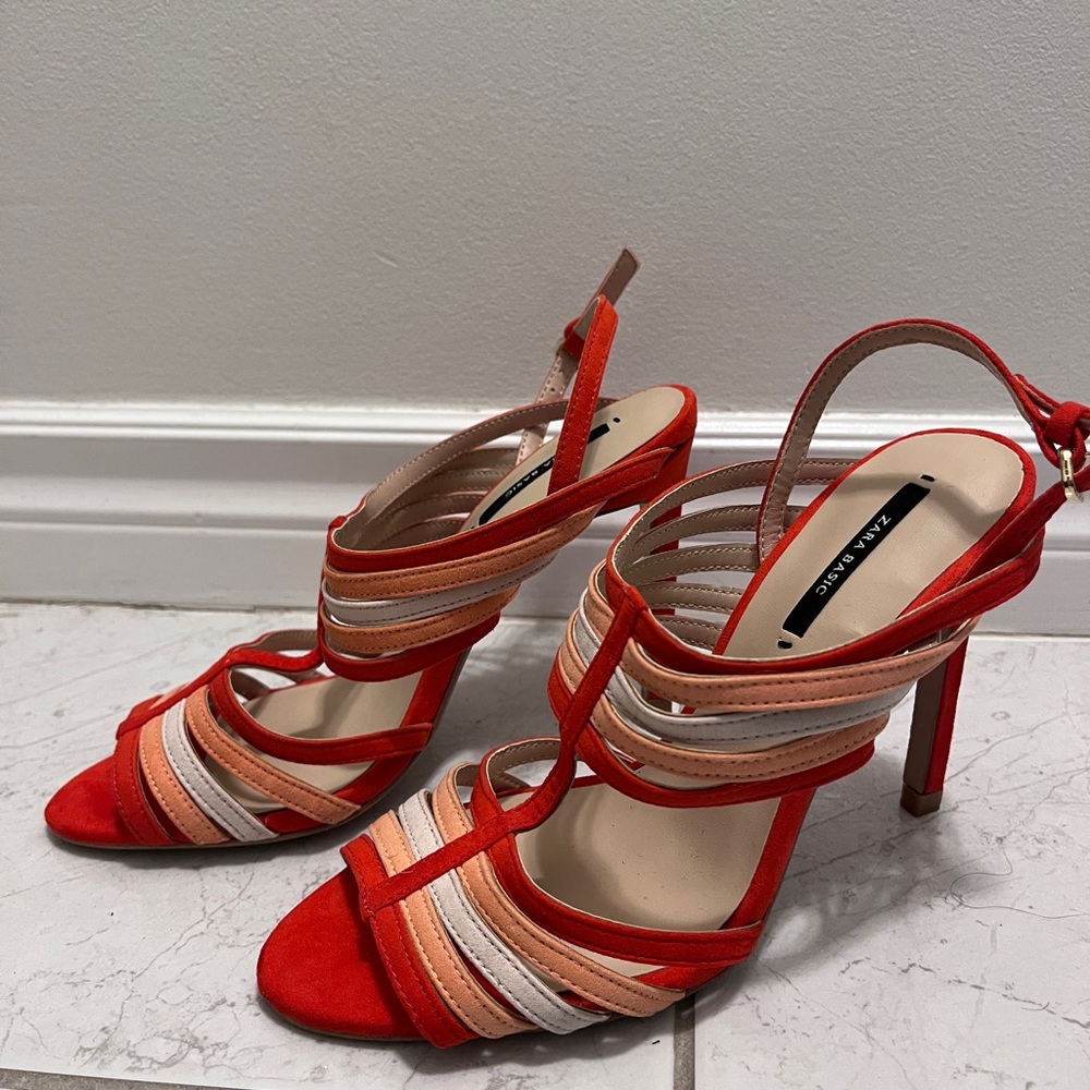 Zara strappy heeled sandals in red/multicolour in US 6.5, EU 37